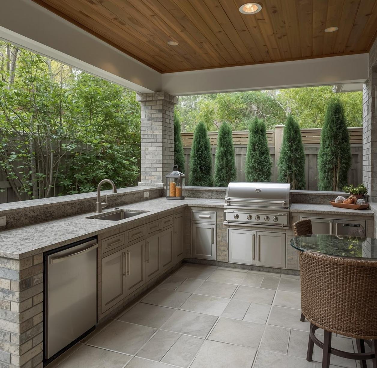 A modern outdoor kitchen with natural stone countertops